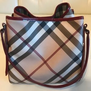 Burberry jumbo check with red patent leather tote